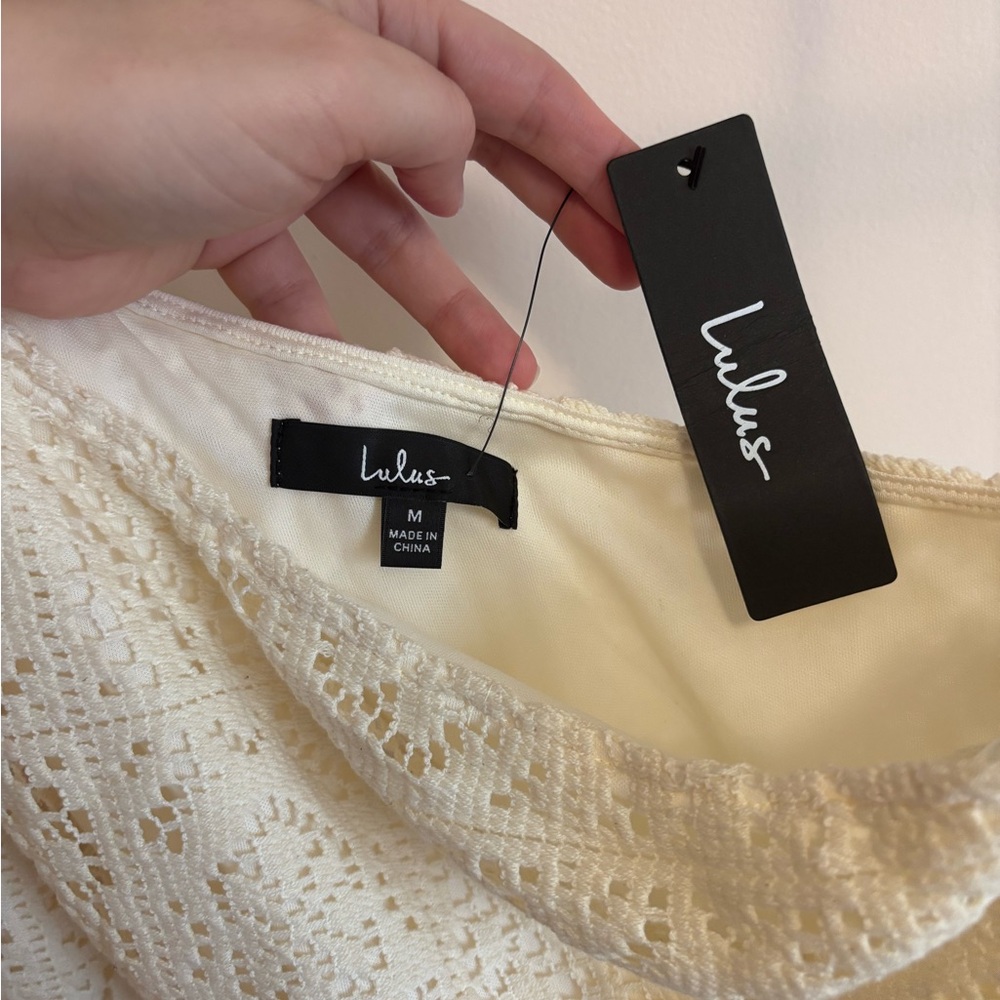 NWT Lulus Ivory Crochet one-shoulder mini dress, size M - Picture 3 of 5